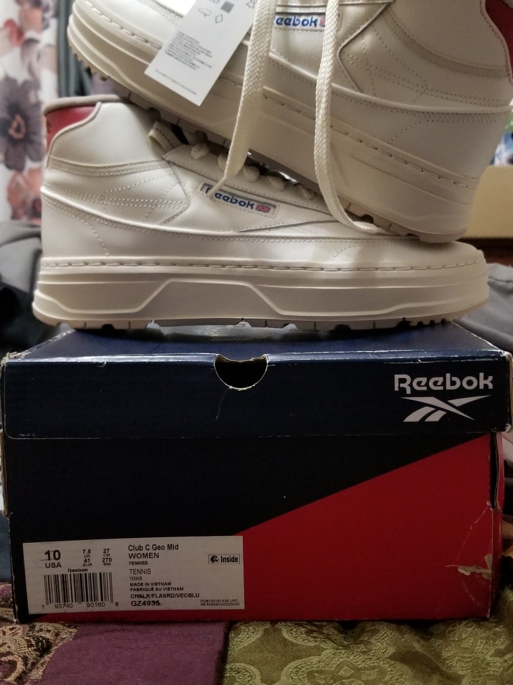 Reebok Off-White Leather Mid-Top Sneakers with Pink Heel Tab